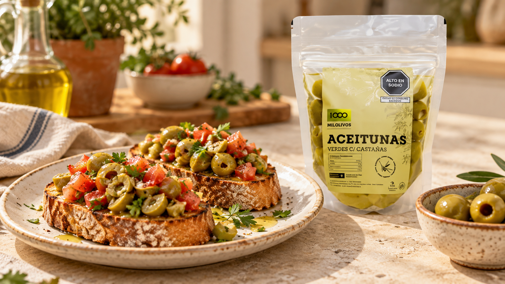 Tostadas con aceitunas y tomate