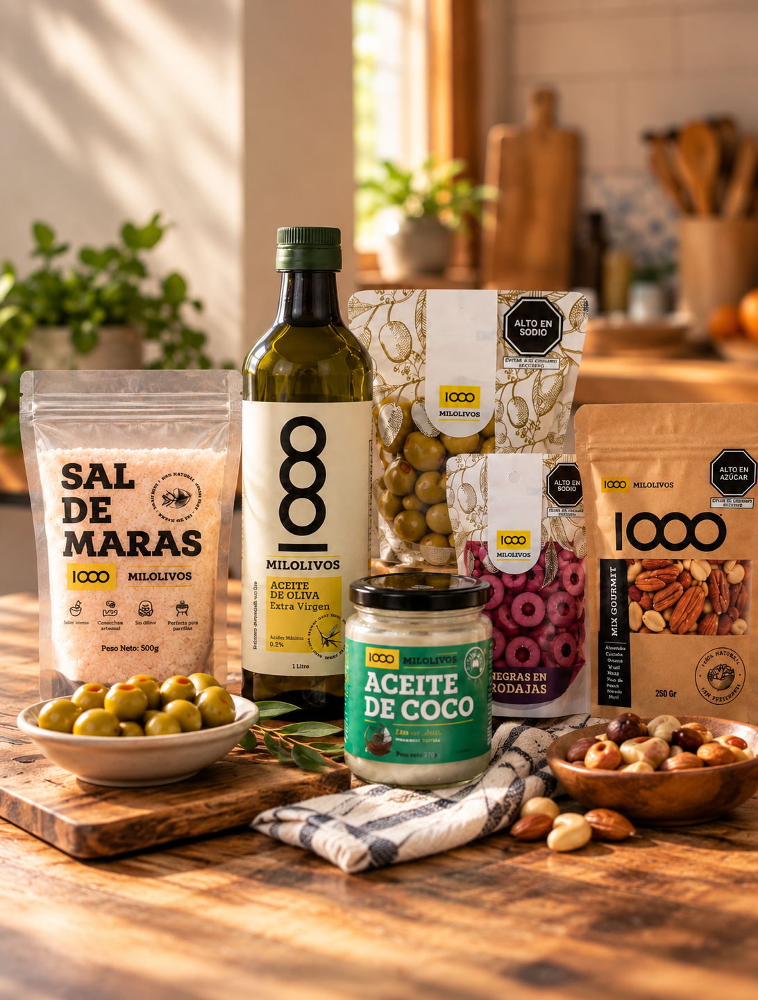 Botella de aceite de oliva Extra Virgen con aceitunas, sal de Maras y productos gourmet Mil Olivos
